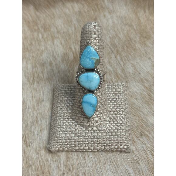 Long Native American Sterling Silver Blue Ridge Turquoise 3 Stone Ring Adjust - Picture 3 of 11